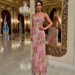 Elegant Pink Floral hand, beaded Attitudes by Debra Evening Dress NWT